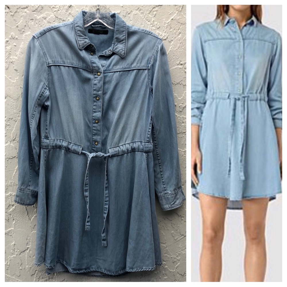 ALL SAINTS Sanko Blue Chambray Denim Tie Waist Shirt Dress Size 2